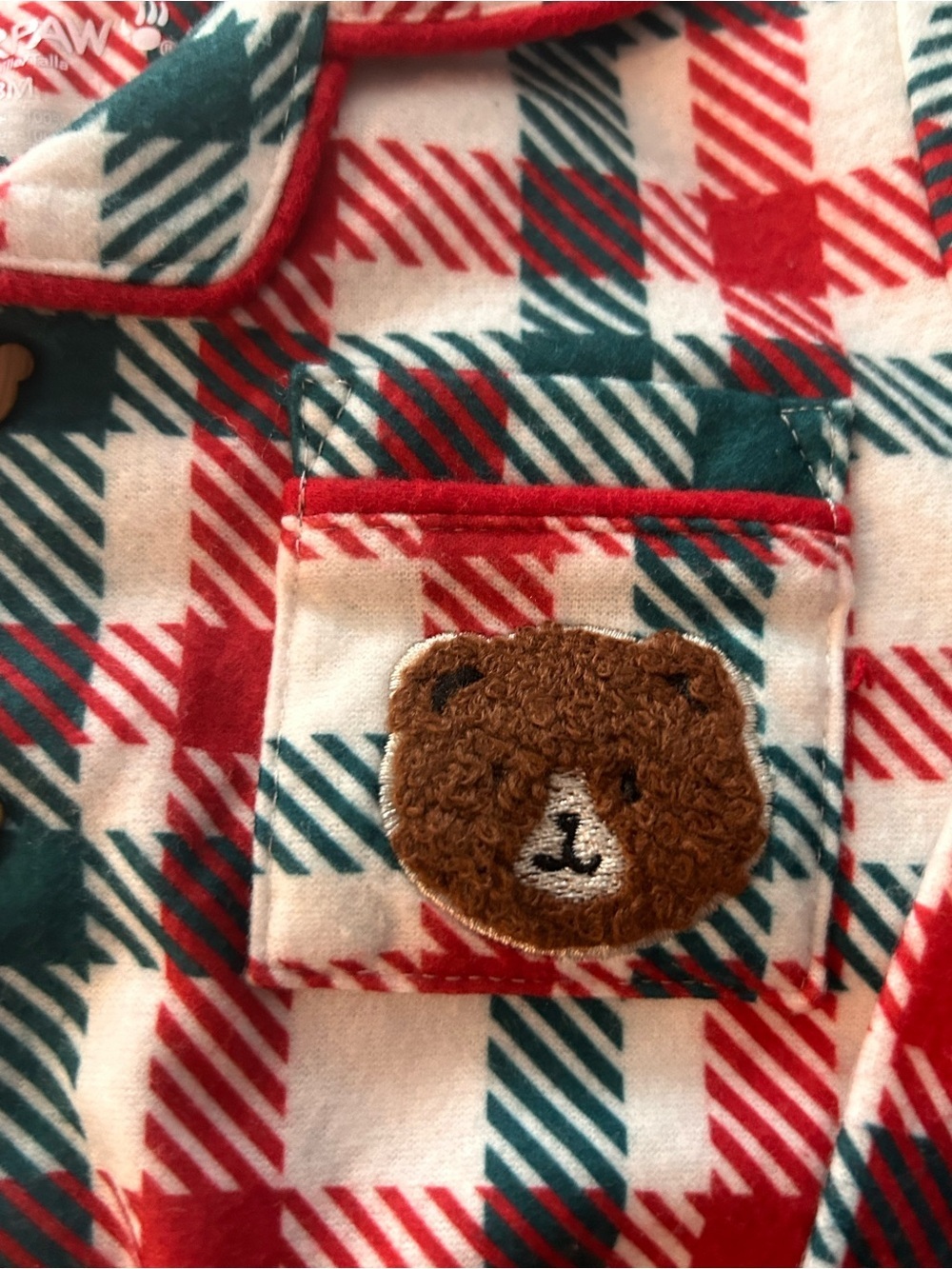 BearPaw Red Green Cream Plaid Fleece Pajama Set w Bear Patch on Pocket Size 18M - Picture 3 of 7
